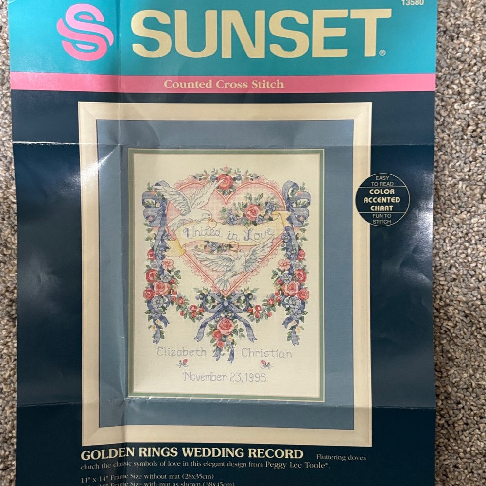 Sunset Vintage Golden Rings Wedding Record Counted Cross Stitch Kit